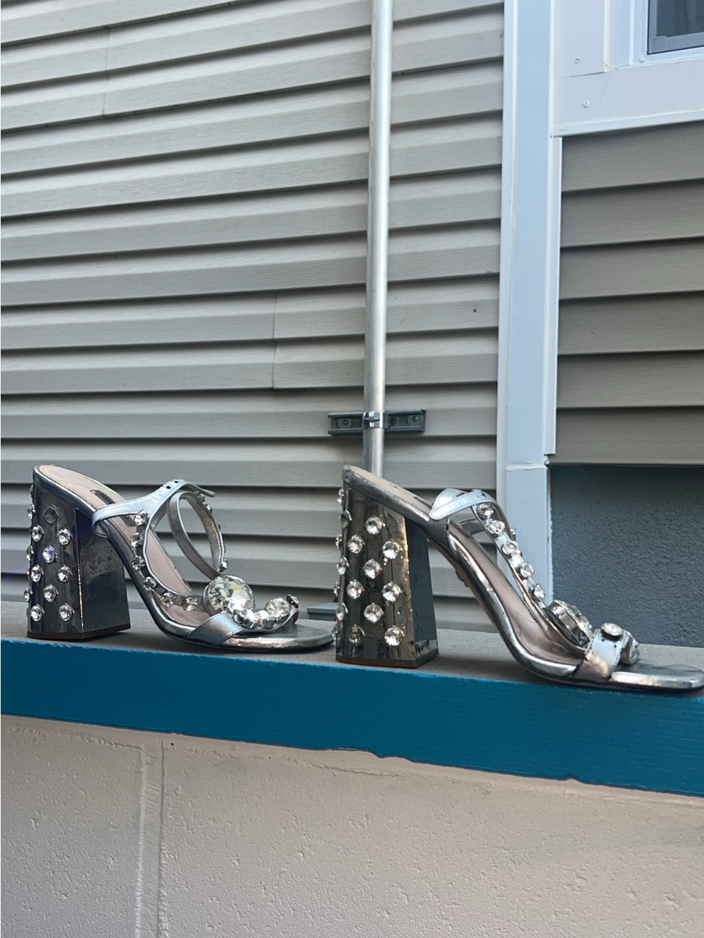 Miu Miu Silver Leather Crystal Embellished Block Heel Sandal Size 41.